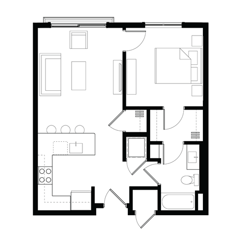 Floor plan for 1 bed, 1 bath, 830 sqft